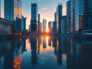 Fototapeta premium Serene Cityscape Reflection at Golden Hour with Skyscrapers in Urban Landscape