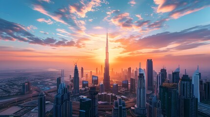 Fototapeta premium Breathtaking Aerial View of Futuristic Cityscape Against Vibrant Sunset Sky