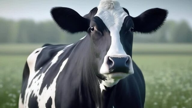 Domestic cow in pasture in green field nature landscape -- 4k new stock video footage animation design AI