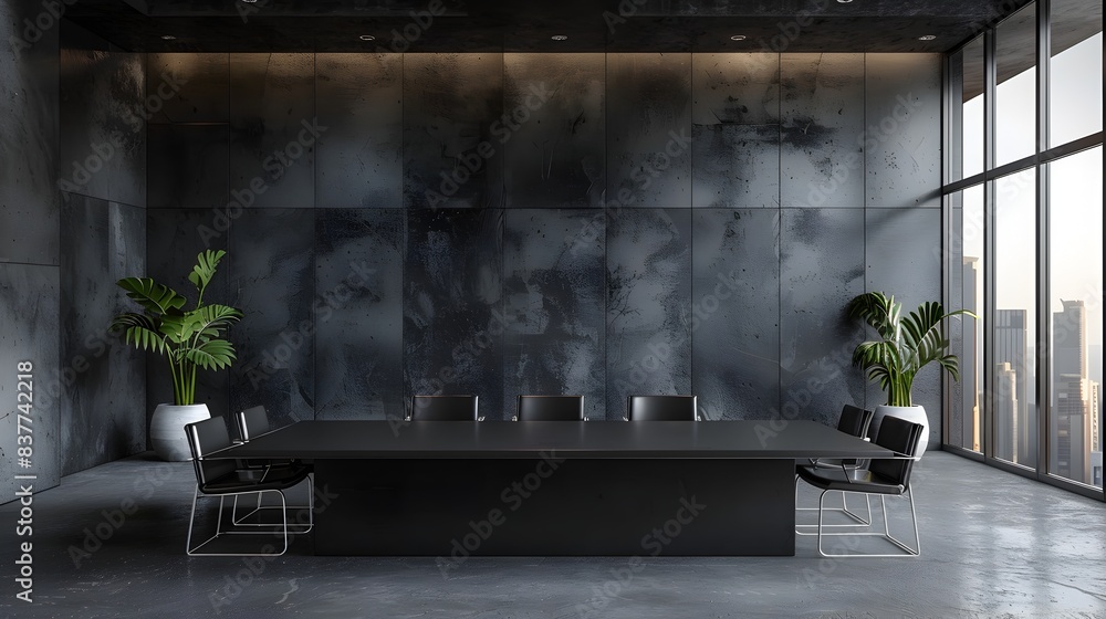 Poster sophisticated black table with modern office backdrop for tech products display