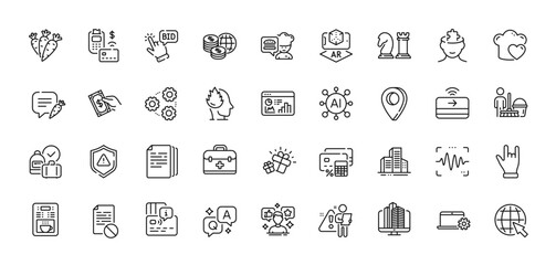 Carrots, First aid and Gift line icons pack. AI, Question and Answer, Map pin icons. Pos terminal, Buildings, Gears web icon. Social media, Voice wave, Internet pictogram. Vector
