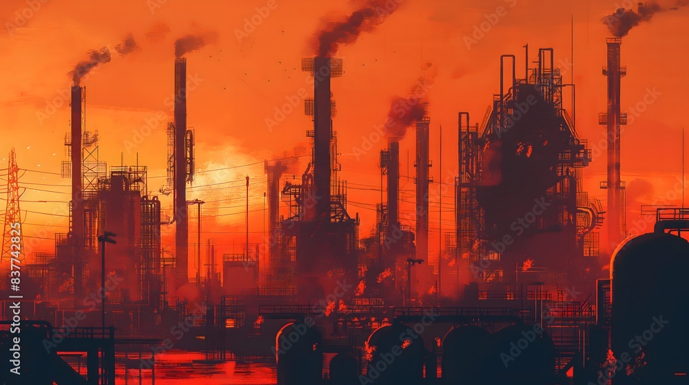 Poster 3. picture the industrial landscape punctuated by bold hazard symbols, each one representing a speci