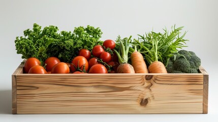 A wooden crate filled with fresh tomatoes, carrots, broccoli, and leafy greens on a white background. Perfect for healthy eating and organic food concept.