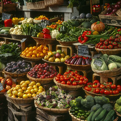 A vibrant, colorful display of various organic fruits and vegetables at the market