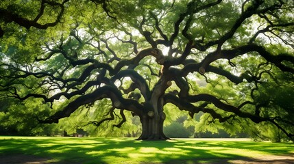 Fototapeta premium Majestic Sprawling Oak Tree in Peaceful Countryside Landscape