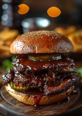 Pulled Pork Sandwich - Pulled pork in a soft bun with BBQ sauce and pickles. 