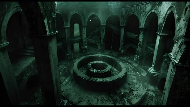 A dark, eerie room with a large, circular stone structure in the center. The room is filled with stone pillars and has a mysterious atmosphere