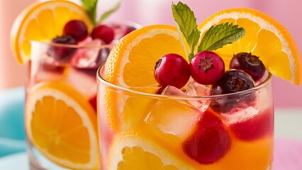 Summer fresh cold drink with orange and berries selective focus