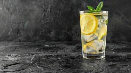 Cocktail Lemonade with lemon and mint in a highball glass on a dark stone background