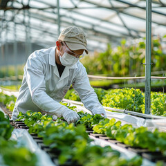 View of a man wearing face mask, cap and glove  working on a Hydrophonic farm. He is surrounded by rows of innovative water-based agricultural systems, and green plants.