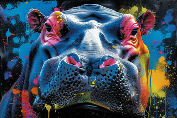 hippo in neon colors in a pop art style
