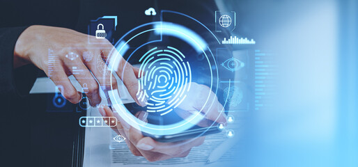 Businesswoman finger touch smartphone, fingerprint hologram with icons