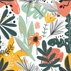 Colorful tropical pattern various handdrawn plants flowers. Abstract botanical background ideal fabric design wallpaper. Vibrant flora illustration lively refreshing feel