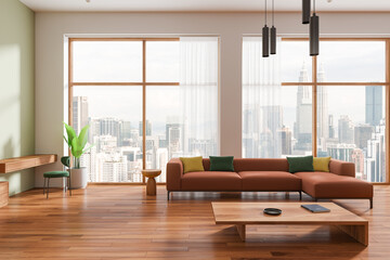 Modern living room with city view, wooden furniture, daylight, urban lifestyle. 3D Rendering