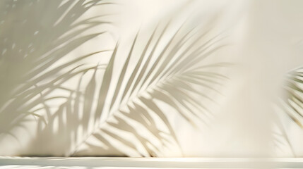 Obraz premium Blurred shadow from palm leaves on light cream wall. Minimalistic beautiful summer spring background for product presentation.