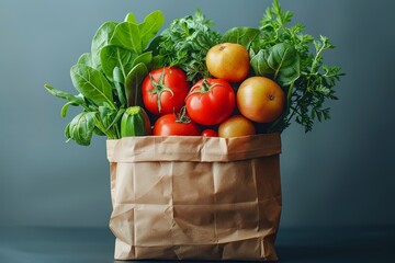 Photo of a paper bag full of vegetables and fruits