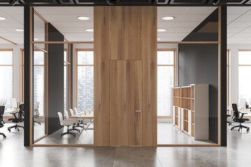 Modern office conference room interior with table and chairs, door and window