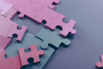 Obraz premium Close-up of pastel-colored jigsaw puzzle pieces, symbolizing problem-solving, teamwork, and connection in soft pink and blue hues.