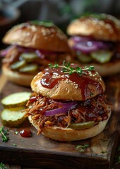 Pulled Pork Sandwich - Pulled pork in a soft bun with BBQ sauce and pickles. 
