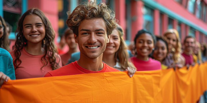 Smiling young man with curly hair holding an orange banner with a diverse group of people in the background, concept of unity and diversity. World Blood Donor Day. - Powered by Adobe