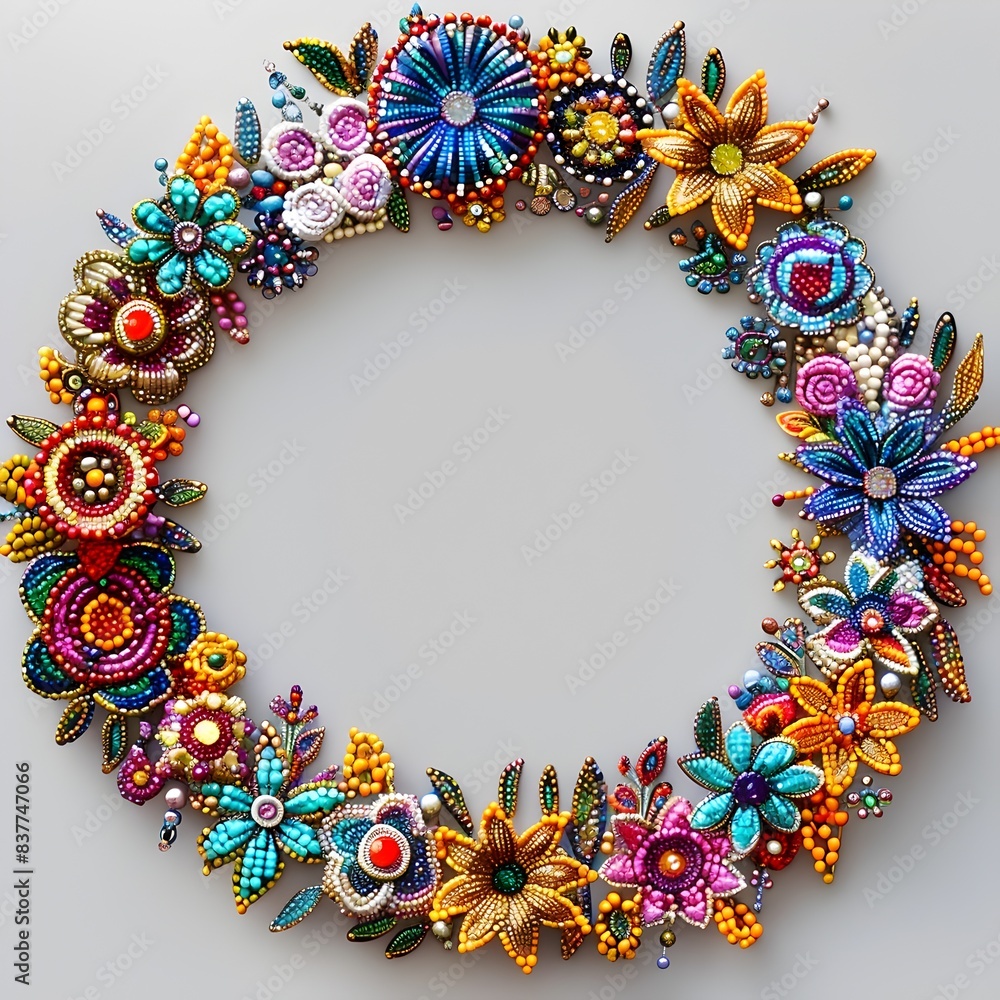 Poster vibrant bohemian style beaded wreath on plain background with copy space