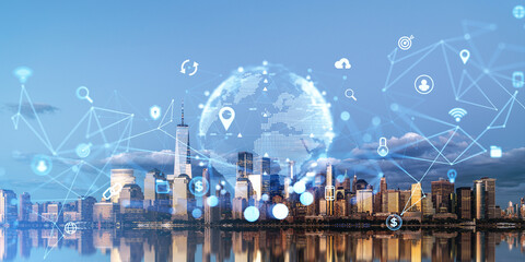 New York cityscape, IOT with digital icons and business technology