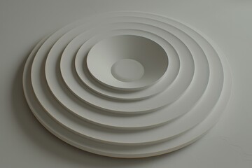 Obraz premium Minimalist concentric circles art installation made of white layers, creating a serene and modern visual effect.