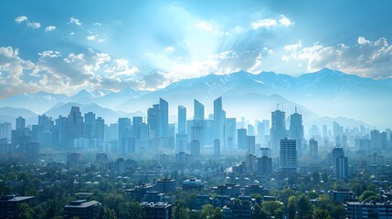 Naklejka premium Majestic Cityscape with Towering Skyscrapers and Distant Mountains under Serene Blue Sky