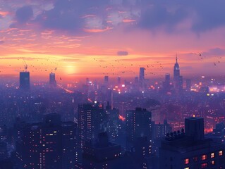 Obraz premium Rooftop View of Glowing Cityscape During Dramatic Sunset