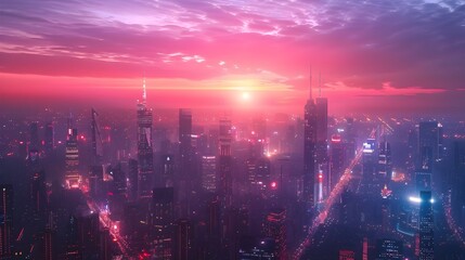 Obraz premium Panoramic View of Illuminated Skyscrapers Against Vibrant Sunset Sky in Urban Cityscape