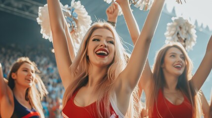 Excited cheerleaders with pom-poms cheering and celebrating at a sports event