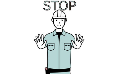 ストップの合図、体の前に手を突き出すヘルメットと作業着姿の男性