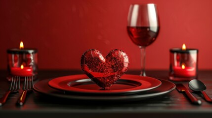 plate in shape of heart, table knife and fork on red