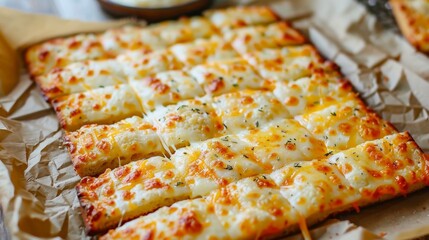 Gluten Free Cheese Cauliflower Breadsticks. Cheese breadsticks with herbs on parchment paper.