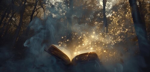 Enchanted Book With Mystical Lights in Forest