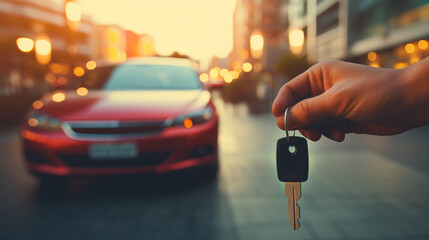 hand holding car keys with blur car in background