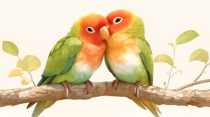 Obraz premium Pair of lovebirds agapornis-fischeri. beautiful green lovebirds on a white background. Valentine's Day card, wedding invitation
