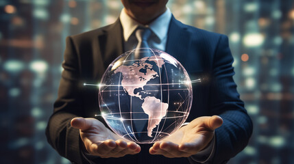 illustration of businessman holding virtual earth