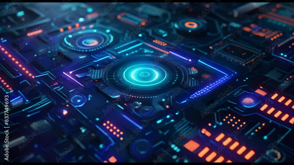 Poster a close up of a circuit board with many small orange and blue lights. concept of technology and comp