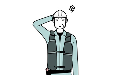 困って頭をかくヘルメットと作業着姿のシニア男性技師