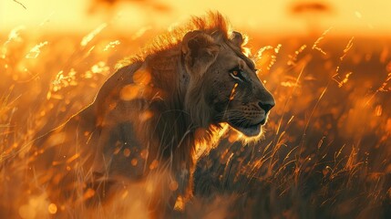 Lions in wildlife sanctuary, grassy plains, majestic stance close up, focus on, copy space Double exposure silhouette with vast savanna
