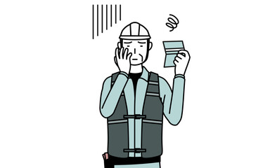 預金通帳を見て落ち込むヘルメットと作業着姿のシニア男性技師