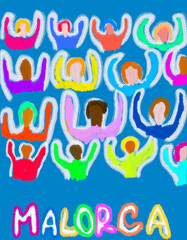 Mallorca hand drawn poster with happy and dancing people of all nationalities enjoying the beautiful weather and the sea