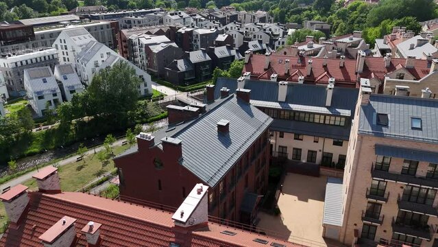 Aerial 4K Drone Footage of Paupys and Uzupis Residential Districts in Vilnius, Lithuania - Historic and Modern Urban Living