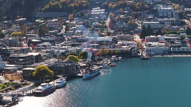 Tss Earnslaw steamboat tourist attraction and beautiful Queenstown, New Zealand travel destination.
