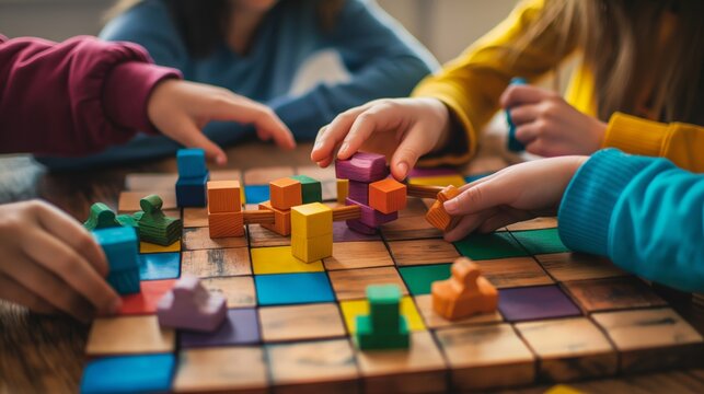 Kids' hands interacting with colorful wooden blocks on a board game, focusing on strategy and fun