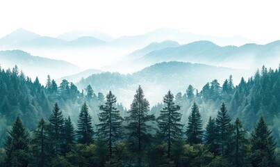 Obraz premium Majestic mountains, dense forest, clear sky close up, focus on, copy space, vibrant greens, Double exposure silhouette with pine trees