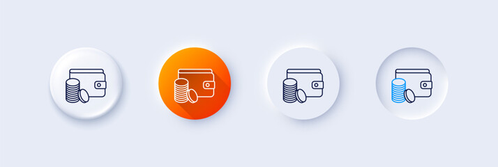 Wallet with Coins line icon. Neumorphic, Orange gradient, 3d pin buttons. Cash money sign. Payment method symbol. Line icons. Neumorphic buttons with outline signs. Vector