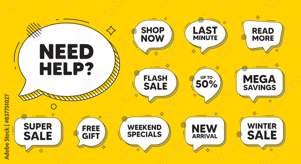 Poster offer speech bubble icons. need help tag. support service sign. faq information symbol. need help ch