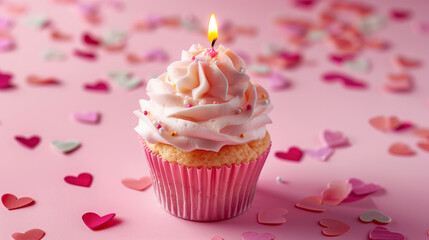 Delightful Pink Cupcake with Creamy Frosting and Heart Sprinkles